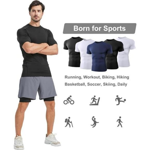 Mens Compression Shirts Pack Short Sleeve Dry Fit Workout Athletic Gym Tops - Picture 5 of 7